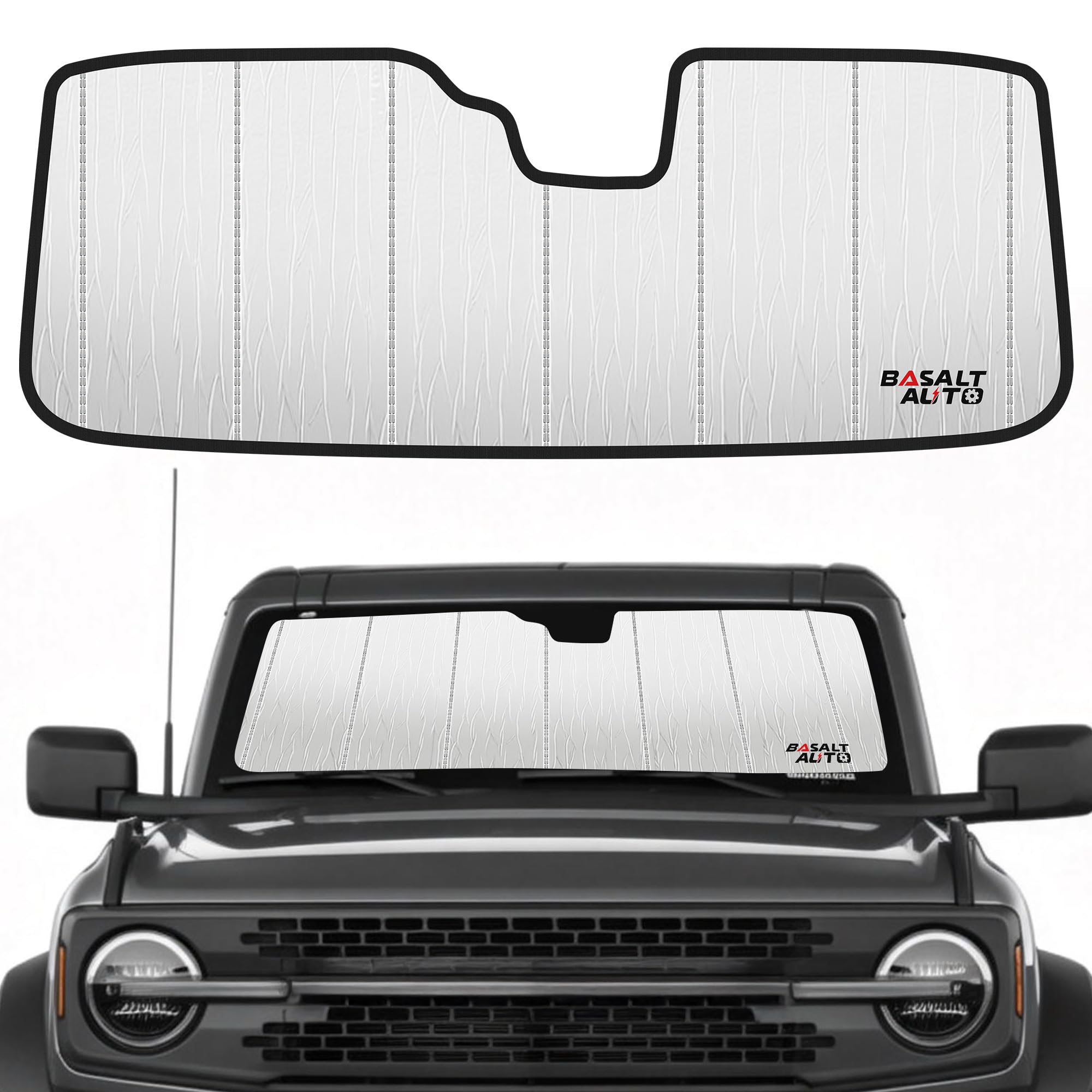 Photo 1 of 2021-2025 Bronco Windshield Sun Shade Compatible for 2021-2025 Ford Bronco (Does Not Fit Bronco Sport) Reflective Foldable Front Sun Visor Sunshade Protector with Storage Bag Keep Interior Cool
