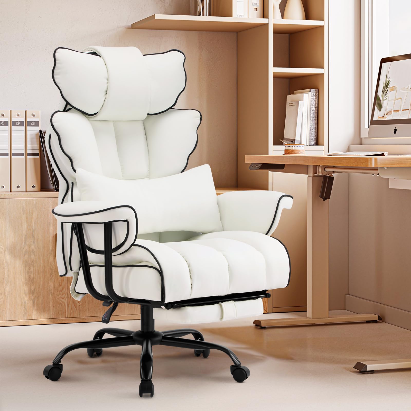 Gaming Stuhl Bürostuhl Ergonomisch, PU Leder Chefsessel, Bürostuhl 200kg mit Fußstütze und Lendenwirbelstütze, Home Office Stuhl Verstellbarer Stuhl mit hoher Rückenlehne, Drehstuhl (Weiß)