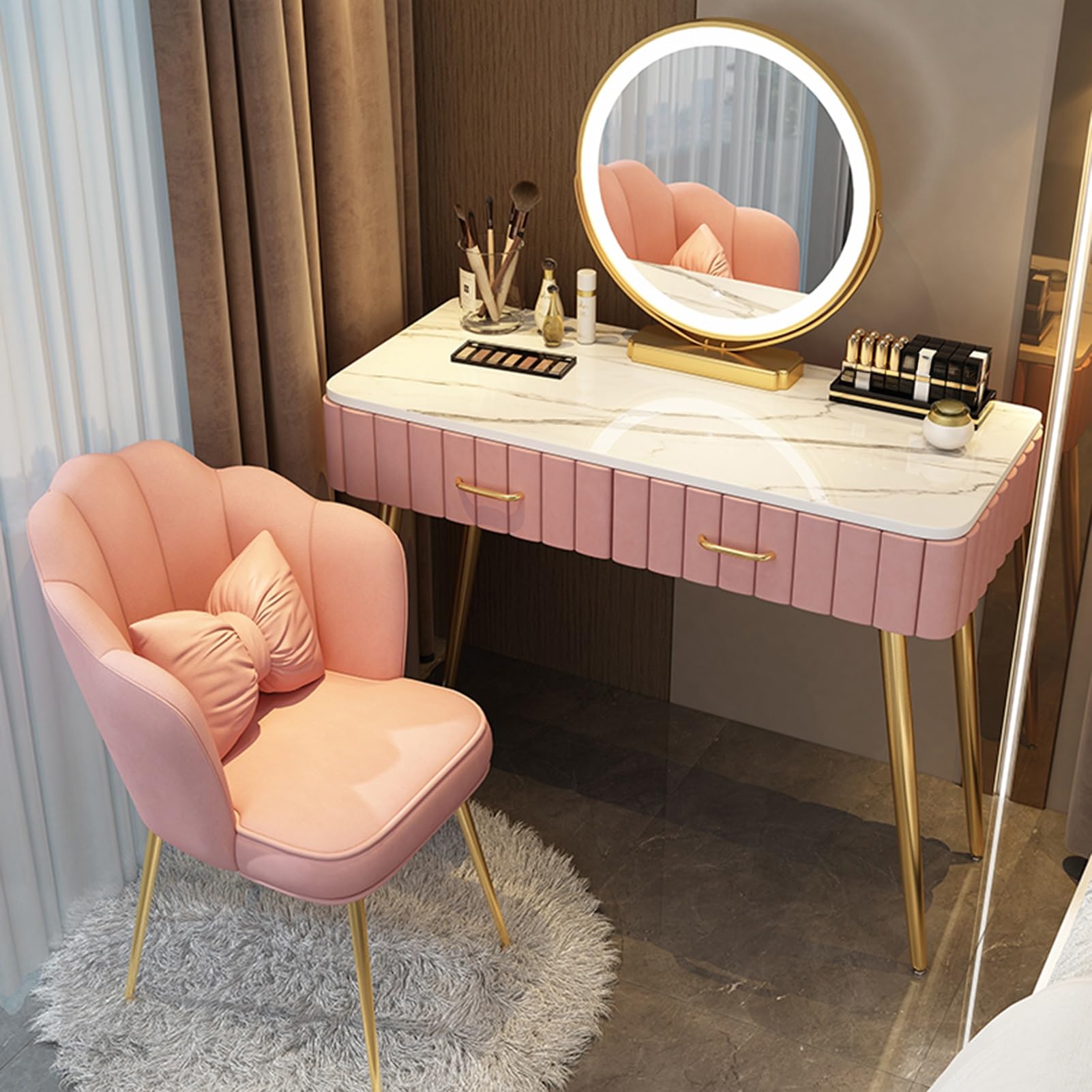asdchZen 60Cm Makeup Vanity Table Set With Cushioned Stool 3-Color Dimmable Led Mirror Elegant Gray Dressing Table For Home Bedroom Girls And Women