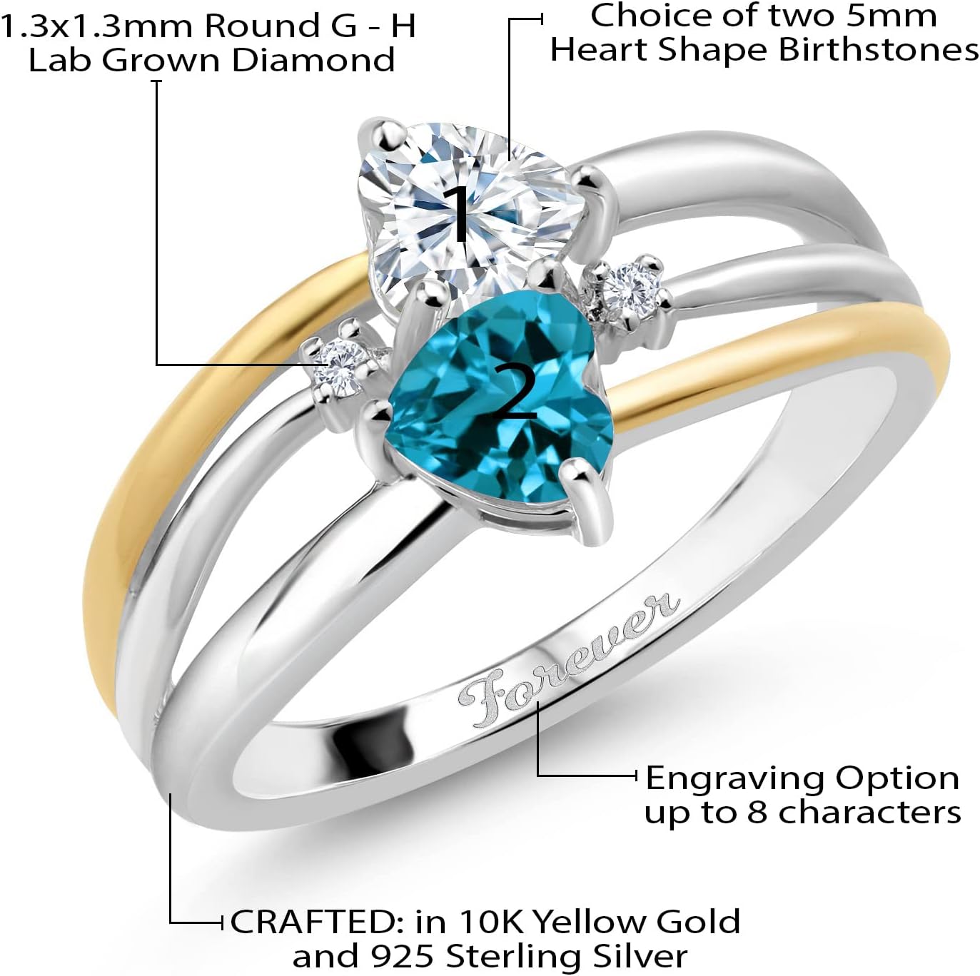 Gem Stone King 2-Tone 925 Sterling Silver and Solid 10K Yellow Gold Customized and Personalized 5MM Heart Shape Gemstone Birthstone and White Lab Grown Diamond 2-Stone Name Engraved Ring For Women