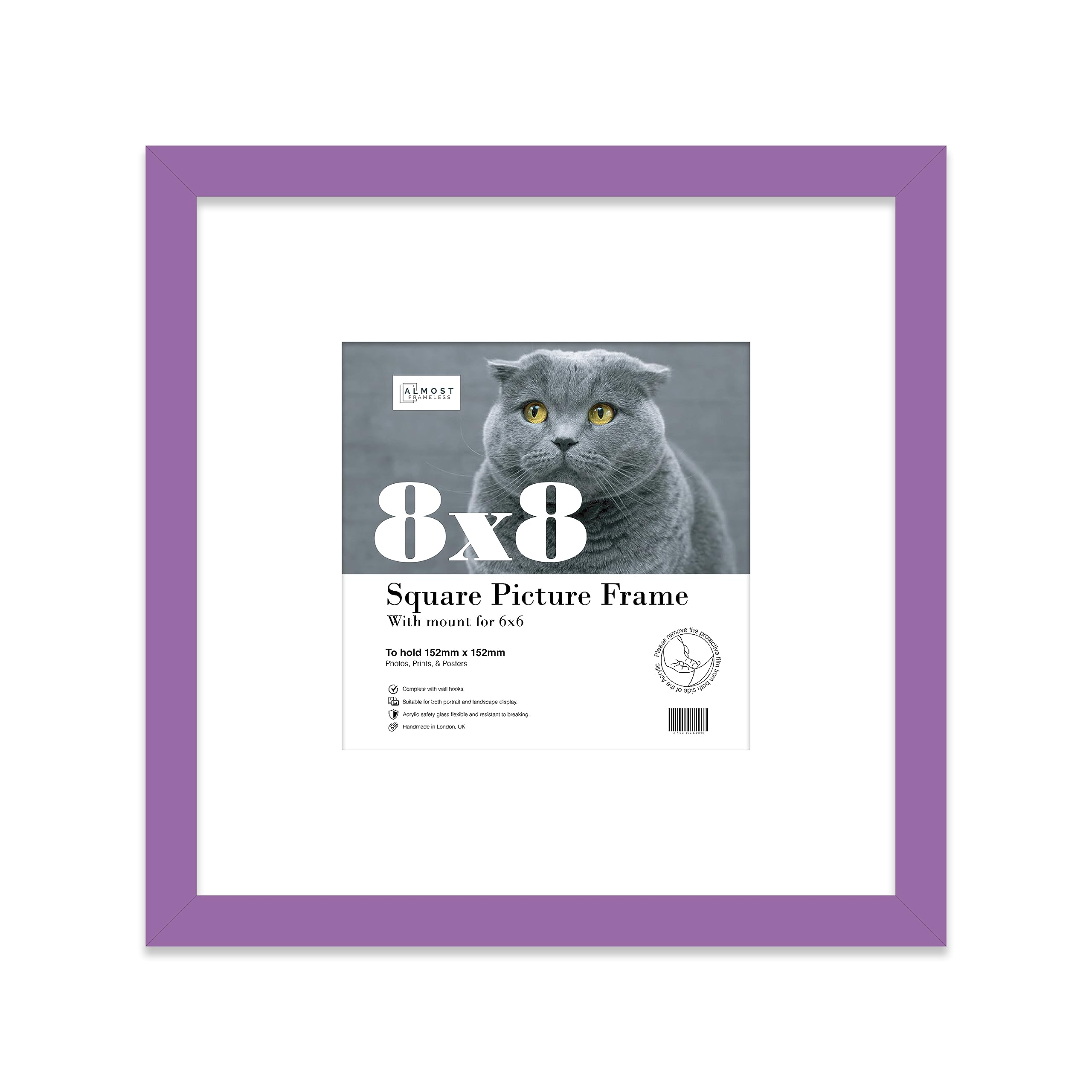 8x8 Purple Picture Frame with Mount for 6x6 Photos, Prints - Modern Square Wall Frame, 1 Pack