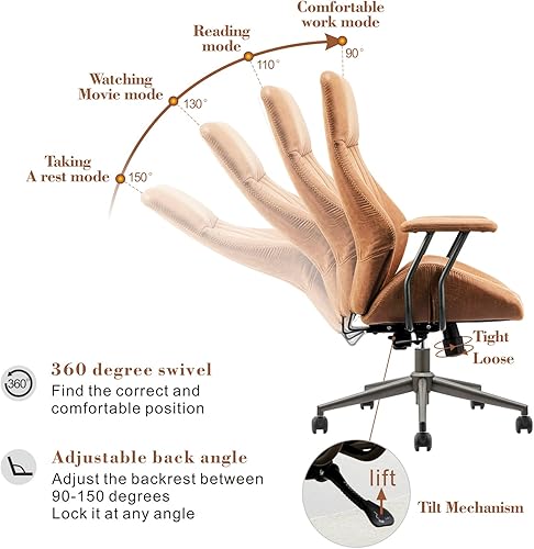 Miniatura 3 de ovios Silla de oficina ejecutiva, sillas ergonómicas de piel sintética de mediados de siglo, asiento profundo, reposabrazos acolchados, cómodo