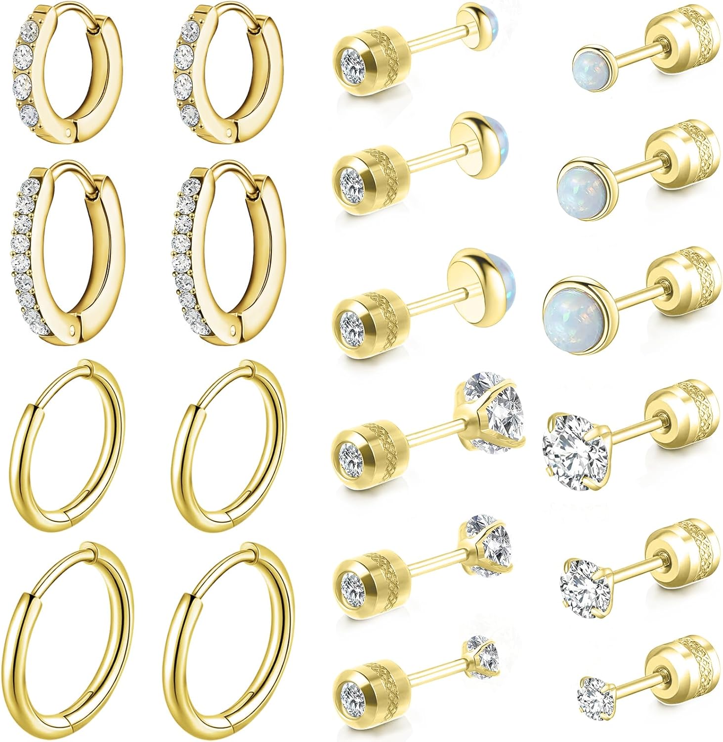 10 Pairs Stud Earrings for Women, Surgical Steel Earrings Set Lightweight and Trendy 316L CZ Cartilage Earlobes Hypoallergenic(Gold)