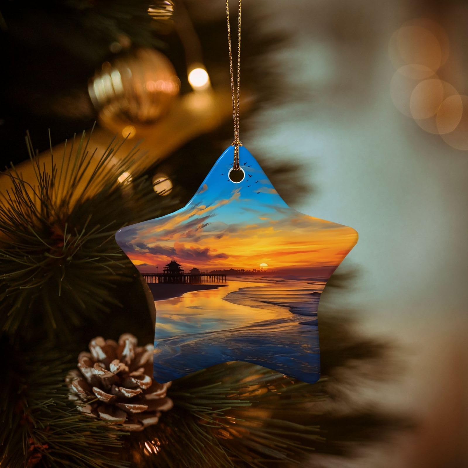Christmas Tree Ornaments Ceramics Christmas Decorations Blue Dusk Gold Sunset Ornaments with Gold Ribbon Porcelain Xmas Tree Crafts Star Shape Hanging Pendant for Christmas Tree Party Decor