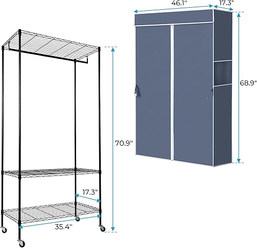 Miniatura 5 de Perchero ajustable de 3 niveles con estantes, perchero resistente con ruedas, a prueba de polvo, ruedas con bloqueo, color negro