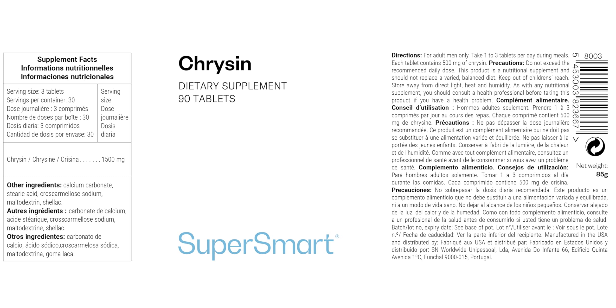 Crisina - Apoyar la Testosterona en Hombres - Natural - 90 - SuperSmart | Suplemento Natural para Apoyar la Testosterona en Hombres - Extracto de Pasiflora - 90 Comprimidos