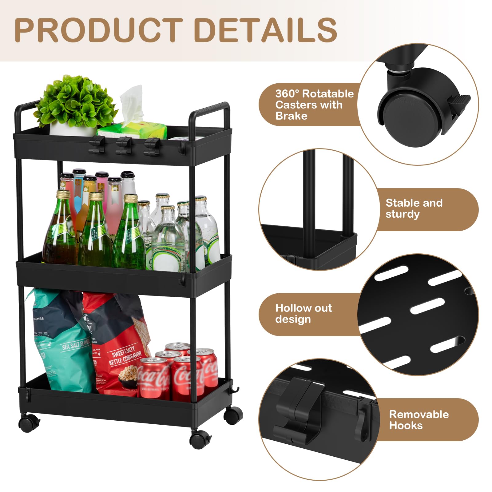 FoiiLiio Carrello Cucina a 3 Ripiani,Carrellino con Ruote Portatutto,Carrello Scorrevole,Organizzatore di Stoccaggio Carrello,Portaoggetti Multifunzionale per Bagno,Ufficio,Bianca