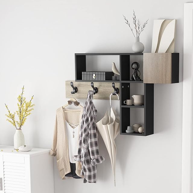 Hironpal Coat Rack Wall-Mounted with 3 Double Hooks, Coat Rack Wall Mount with Storage Unit & 4 Storage Shelves, Entryway Coat Rack for Wall, Entryway, Hallway, Bedroom, Bathroom, Living Room