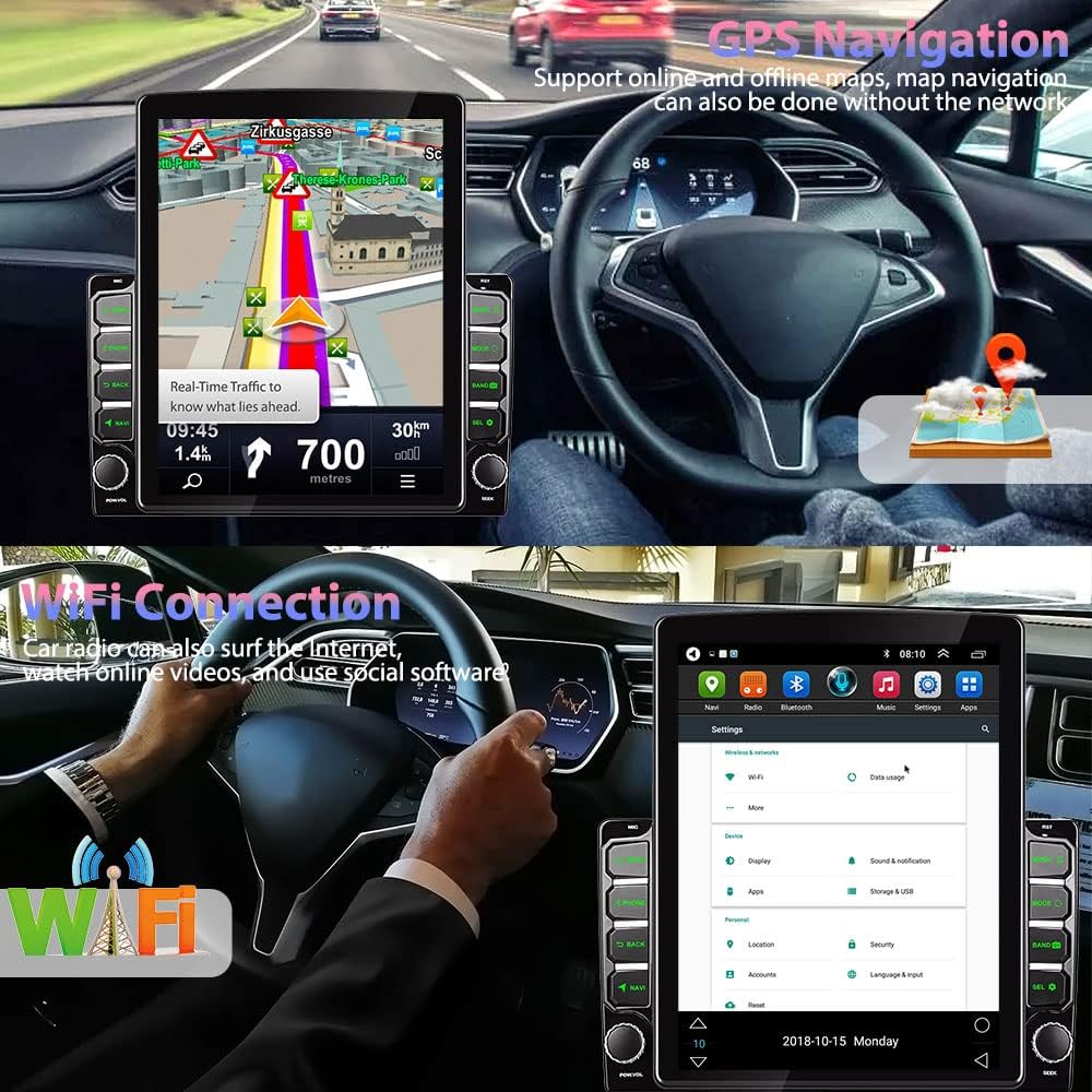 Image showing the car stereo displaying GPS navigation and a separate image of the WiFi connection settings.
