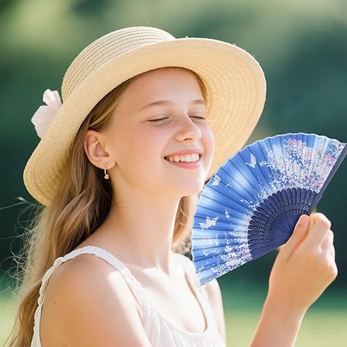 Miniatura 6 de JOHOUSE 4 abanicos plegables de tela floral con borla, elegantes abanicos de boda para invitados, ventilador plegable chino, ventilador de mano