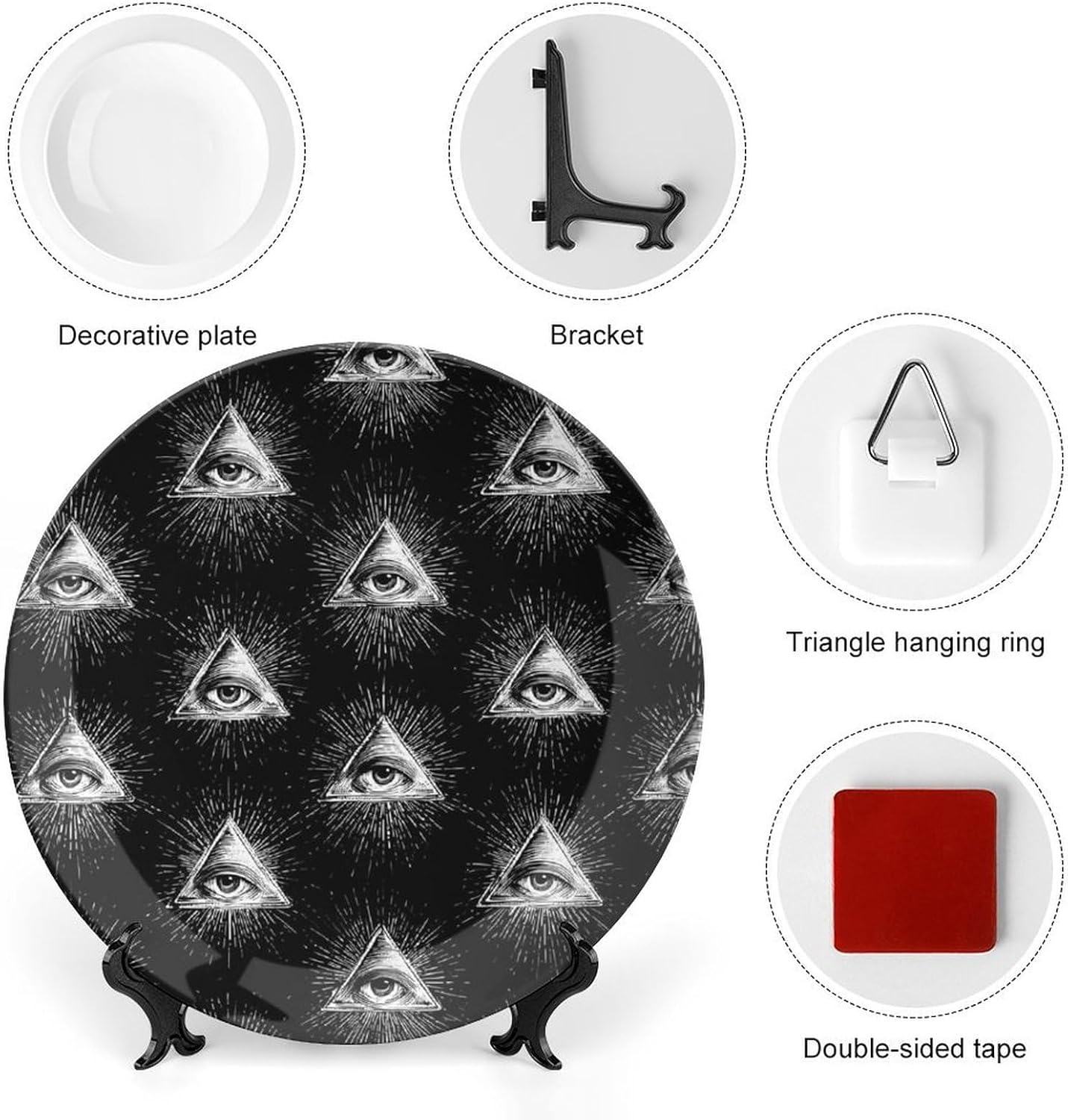 Illuminati Triangle Eye Novelty Decorative Plate with Display Stand Handmade Ceramic Ornament Hanging Wall Decor for Home Office Foyer