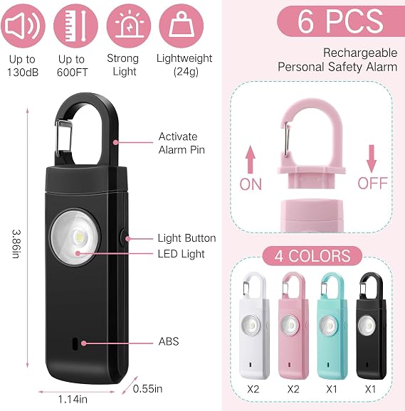 Tellegloww 6 Pcs 130 dB Personal Safety Alarm for Women, Multicolor, Snap