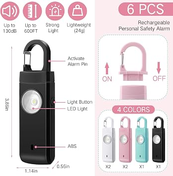 Tellegloww 6 Pcs 130 dB Personal Safety Alarm for Women, Multicolor, Snap