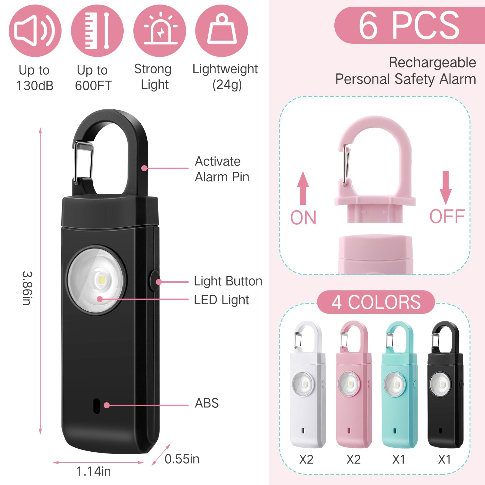 Tellegloww 6 Pcs Rechargeable Personal Safety Alarm for Women 130dB Loud Sound Personal Siren with LED Self Defense Keychain for Women Daughter Seniors Elderly Teen Student