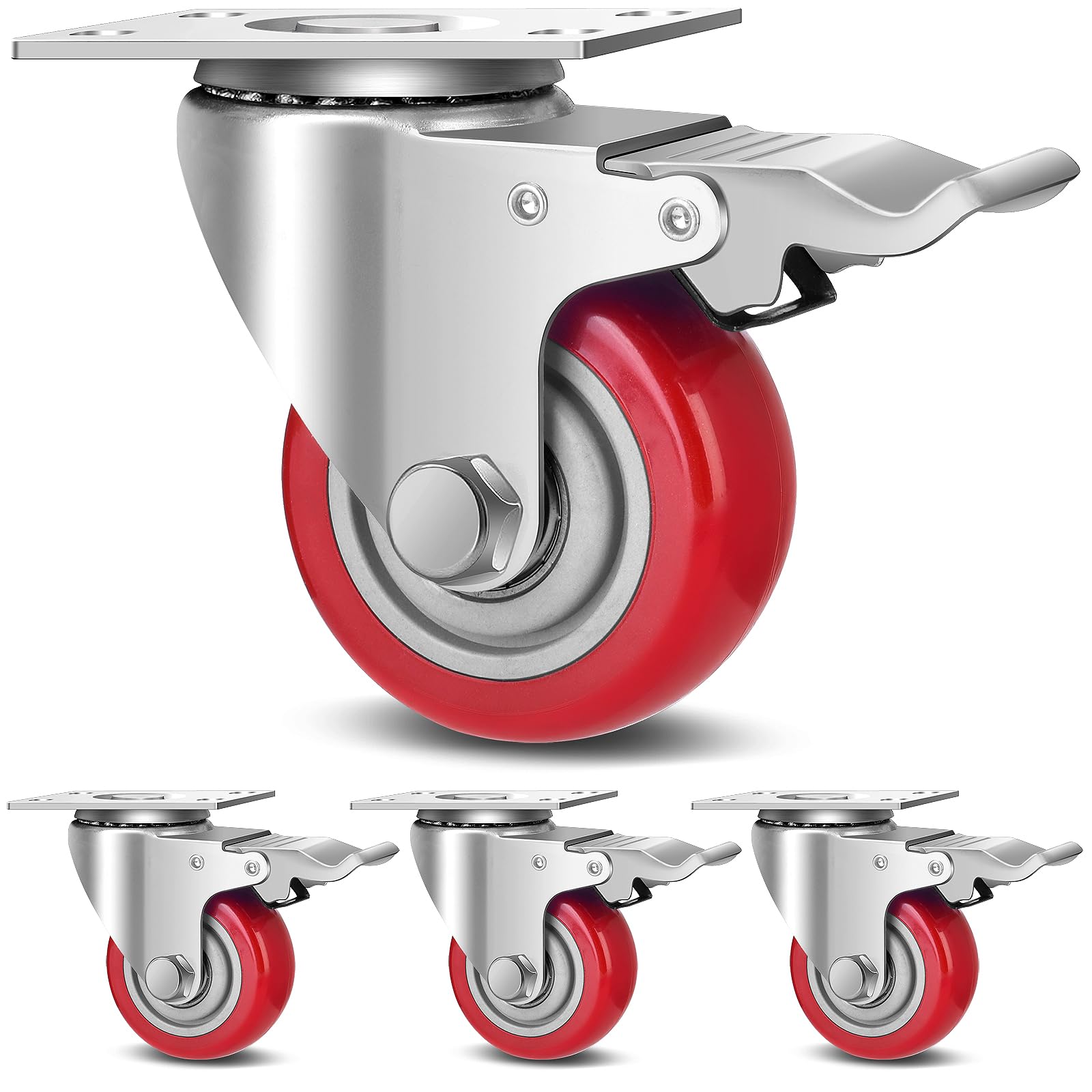 3 Inch Industrial Heavy Duty Swivel Caster Wheels with Brake,Set of 4 Safety Locking Casters,Load 1600lbs,Premium Polyurethane Wheels for Table,Trailer,Saw Table,Stage Toolbox,Bed,Corn Board