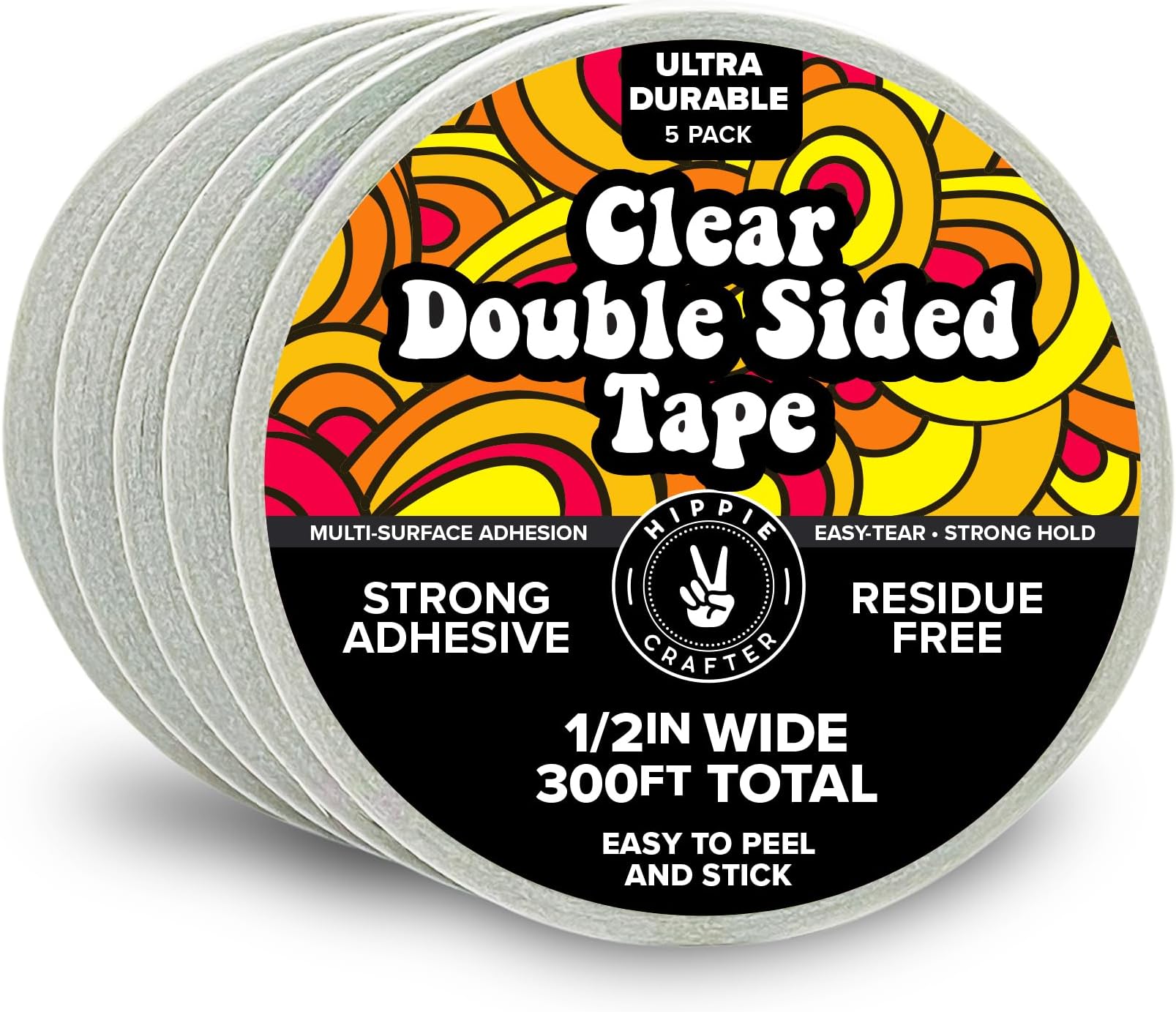 HIPPIE CRAFTER 5 Pack Clear Double Sided Tape, 1/2 Inch Wide Heavy-Duty Adhesive, Removable Mounting Tape for Posters, Carpets, Wall-Safe Use, 60 Feet Each, 300ft Total