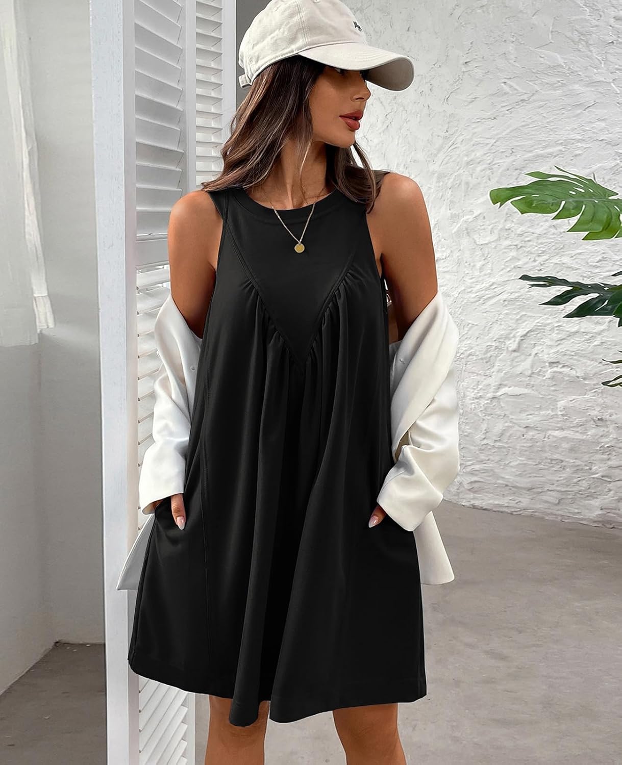 ALSOGO Women's Sleeveless Mini Dress Casual Loose Crew Neck Ruffled Tank Sundress Flowy Beach Vacation Dress with Pockets - Image 2