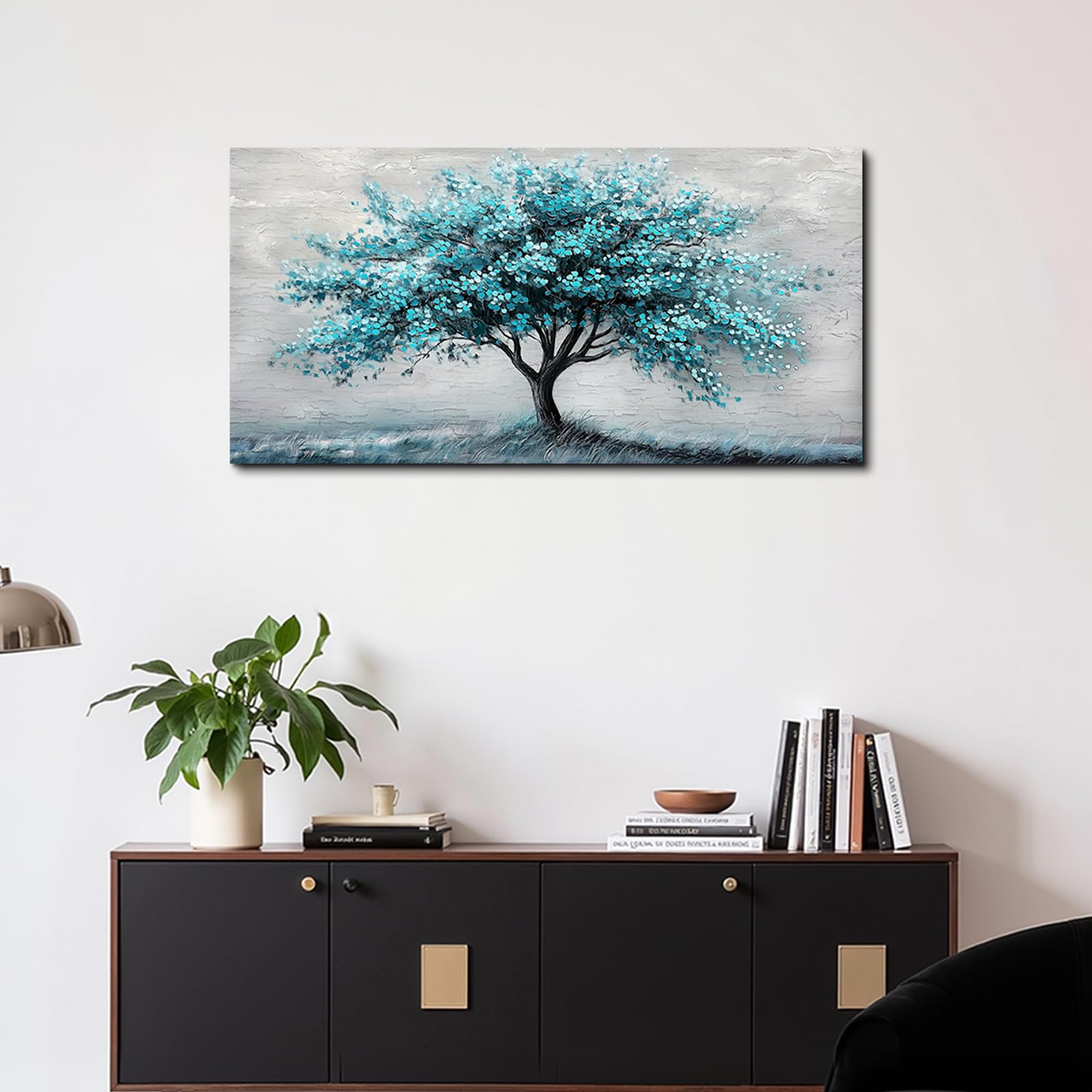 SERIMINO Cuadros Decoracion Árbol Vida Laminas Lienzos Grandes 50x100 cm | Diseño Árbol Tonos Azul Verdoso, Madera Maciza, Impresión Definición, Instalación Sencilla, Múltiples Espacios, Regalo Ideal