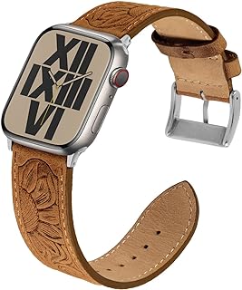 Deeplus For Apple Watch Band 45 mm / 44 mm / 42 mm Series 8/7/SE/6/5/4/3/2/1,Sunflower Tooled Leather Cowboy Replacement Western Apple Watch Retro Strap Bracelet for iWatch Men Women, Brown