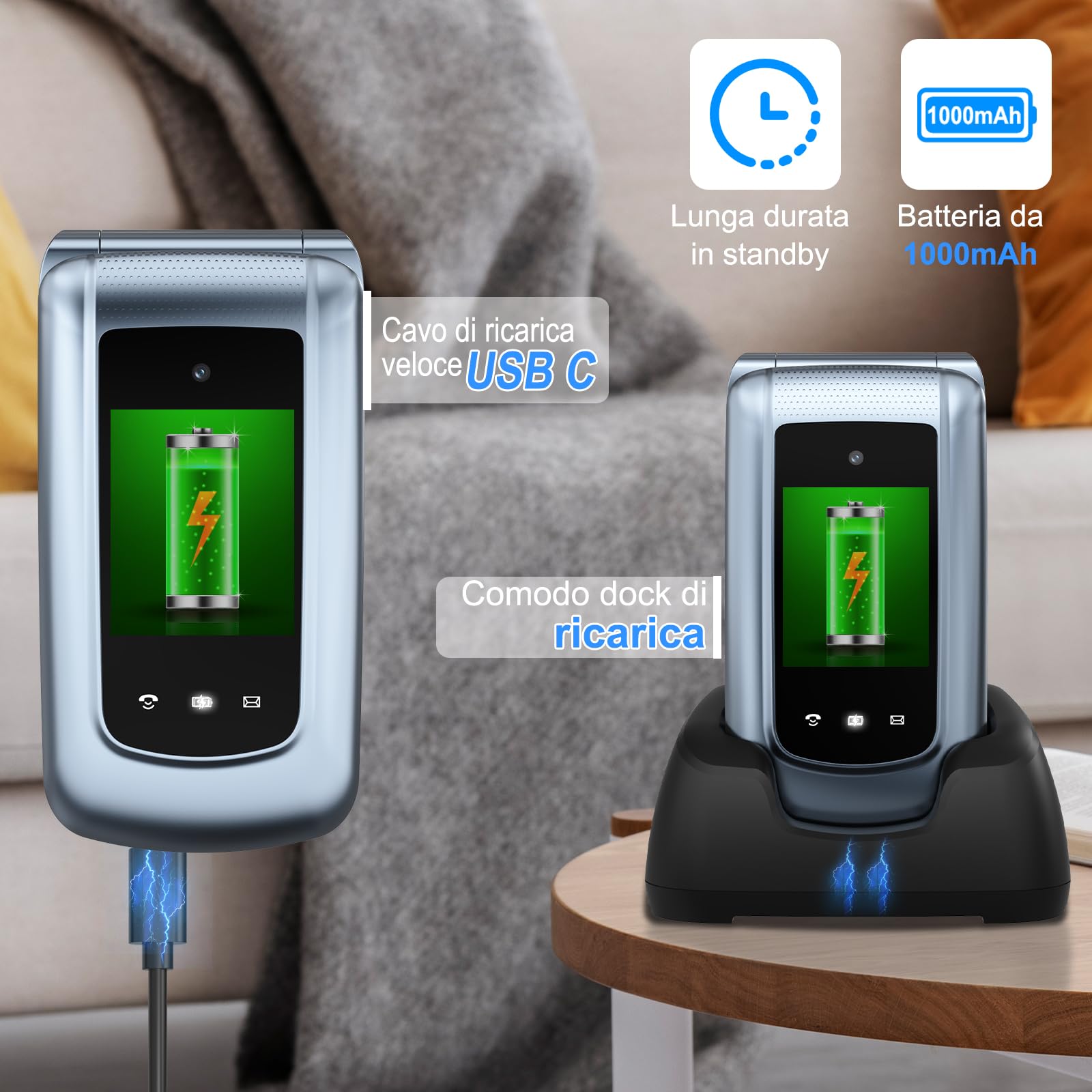 CHAKEYAKE 4G Telefono per Anziani, Cellulare per Anziani senza Contratto, Annuncio Vocale dei Tasti, Tasti grandi,Volume Elevato,Tasto SOS, Doppia SIM, Doppio Display 2,4 + 1,77", Grigio