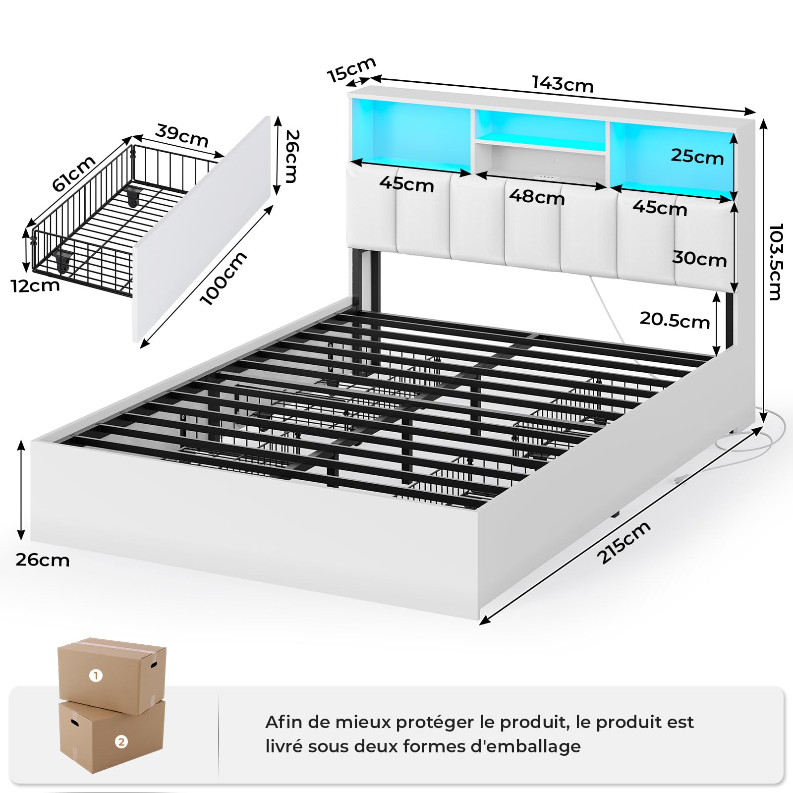 AOGLLATI Bett 140×200 cm, Polsterbett mit Ladestation und LED-Beleuchtung, Doppelbett Stauraumbett mit Stauraum Kopfteil, 4 Schubladen, Lattenrost, ohne Matratze(für 140 x 200 cm Matratze), weiß