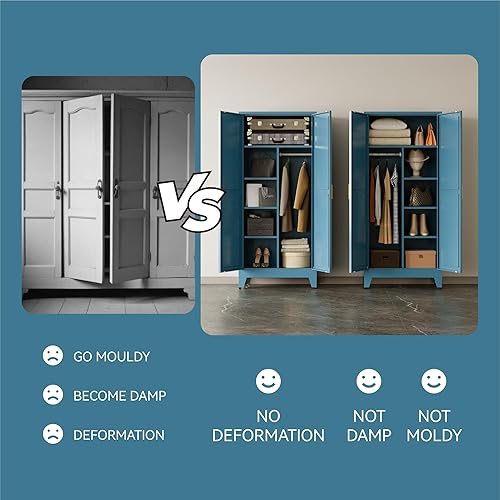 Miniatura 7 de Armario guardarropa de metal con barra para colgar, gabinete de armario de metal de 71'' con 2 puertas y 4 estantes ajustables, armarios de