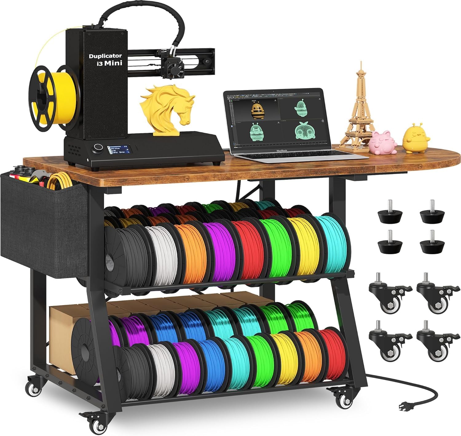 Soporte para impresora 3D con escritorio plegable y cajón de tela, mesa compacta para impresora 3D de 3 niveles con toma de corriente y estabilidad de soporte en X para espacios pequeños
