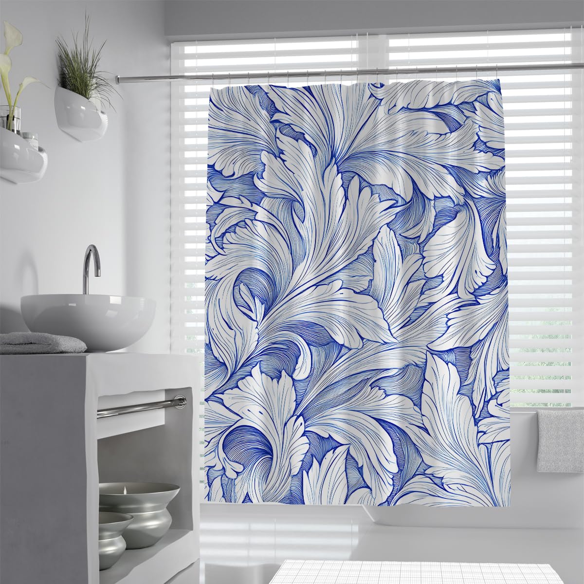 OLLIAR Home Classic Art Deco Shower Curtain 100x180 Abstract Style Acanthus Leaf Design Waterproof Shower Curtains for Modern French Bathroom Decor with Hooks