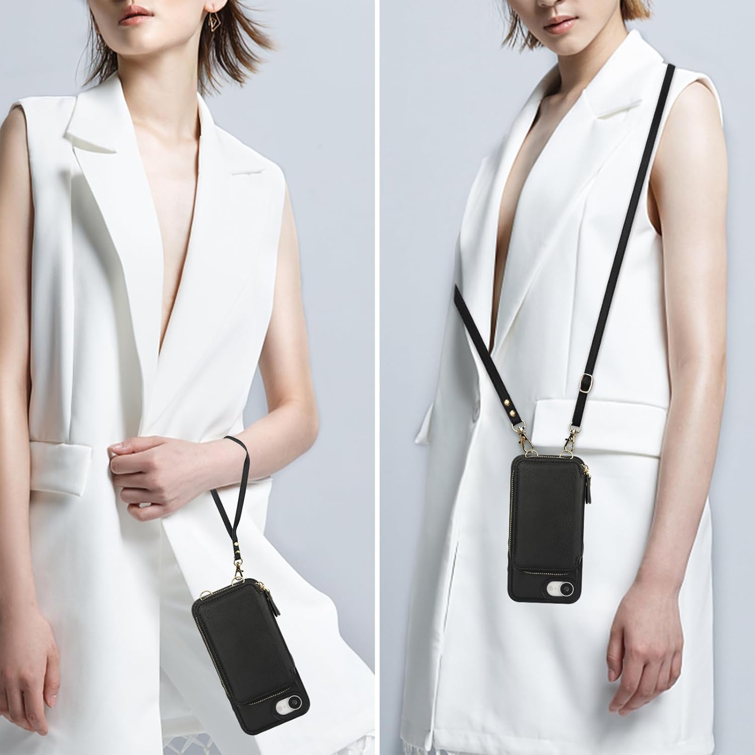 Bocasal RFID Blocking Wallet Case for iPhone 17e/16e, Adjustable Crossbody Zipper Purse Case Card Holder with Kickstand Detachable Wrist Strap, PU Leather Flip Folio Case 6.1 Inch 5G (Black)