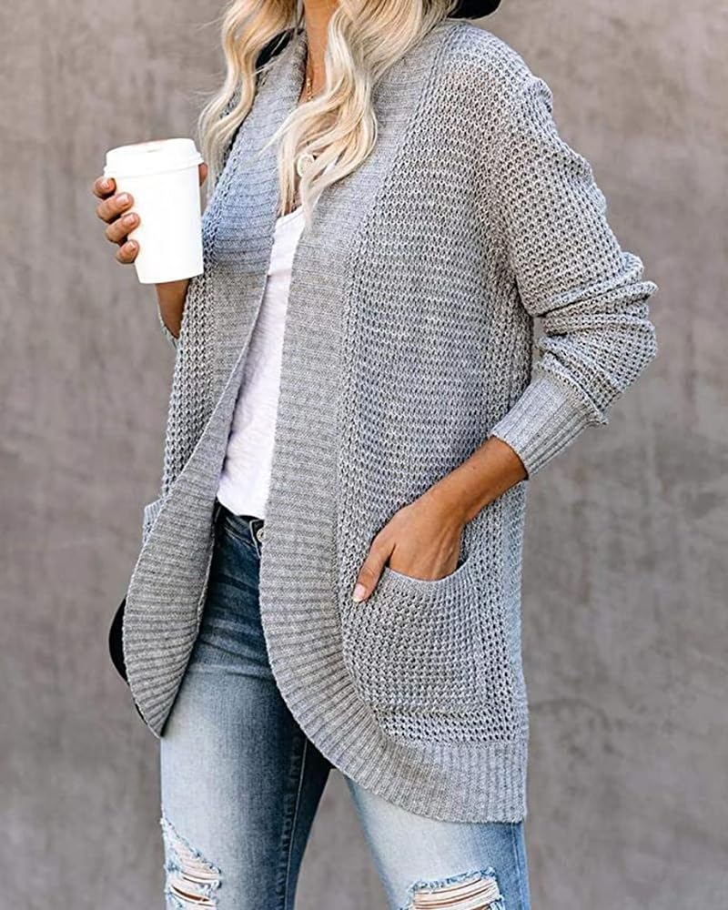 Cárdigan Punto Gofrado Mujer Abierto por Delante Manga Larga Punto Grueso y Suave Bolsillos Corte Relajado Estilo Boyfriend Ideal para Otoño y Uso Diario Informal.