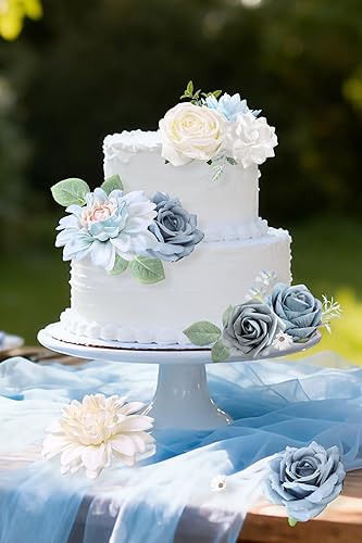 Miniatura 4 de rongflower - Juego de caja de flores artificiales azules, flores de seda, rosas falsas para arreglos florales DIY, ramos de boda, centros de mesa,