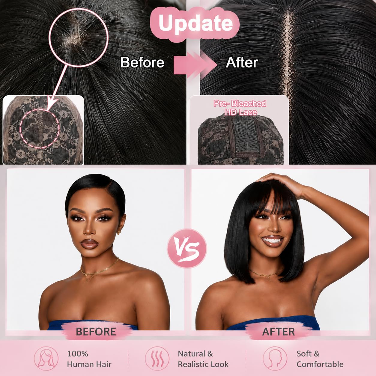 Straight Bob Wig Human Hair with Bangs, Glueless 2x4 HD Lace Closure