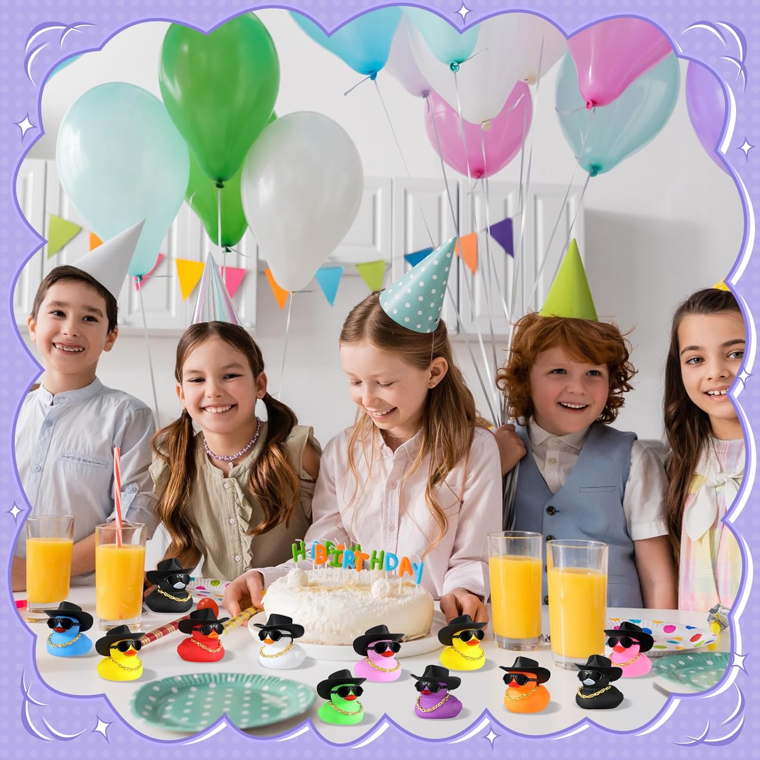 Sotiff 48 Sets Rubber Duck Squeaky Duck Party Duckies Car Dashboard Decorations with Mini Necklace Hat and Sunglasses for Shower Birthday Swimming Party(Cute Color)