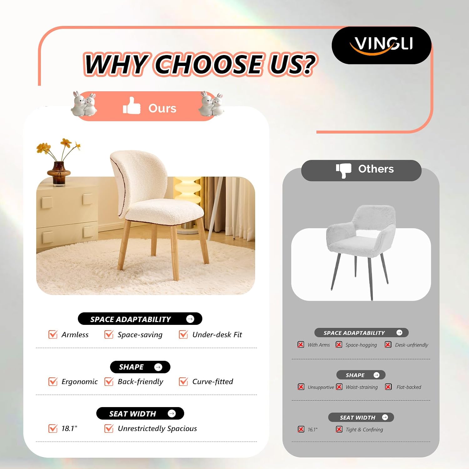 VINGLI Chenille Velvet Curved-Back Armless No Wheels Vanity Chair for Girls, Cute&Furry Upholstered Desk Chair w/Solid Wood Legs for Study/Makeup/Bedroom/Dressing, Fluffy Makeup Chair for Teens,Beige