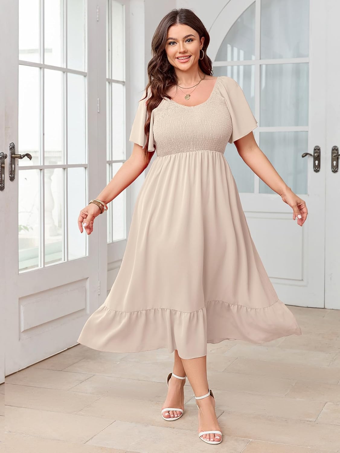 SCOMCHIC Women's Plus Size Summer Dress Casual Short Sleeve Scoop Neck Maxi Dress Smocked Ruffle Boho Flowy Long Dresses - Image 4