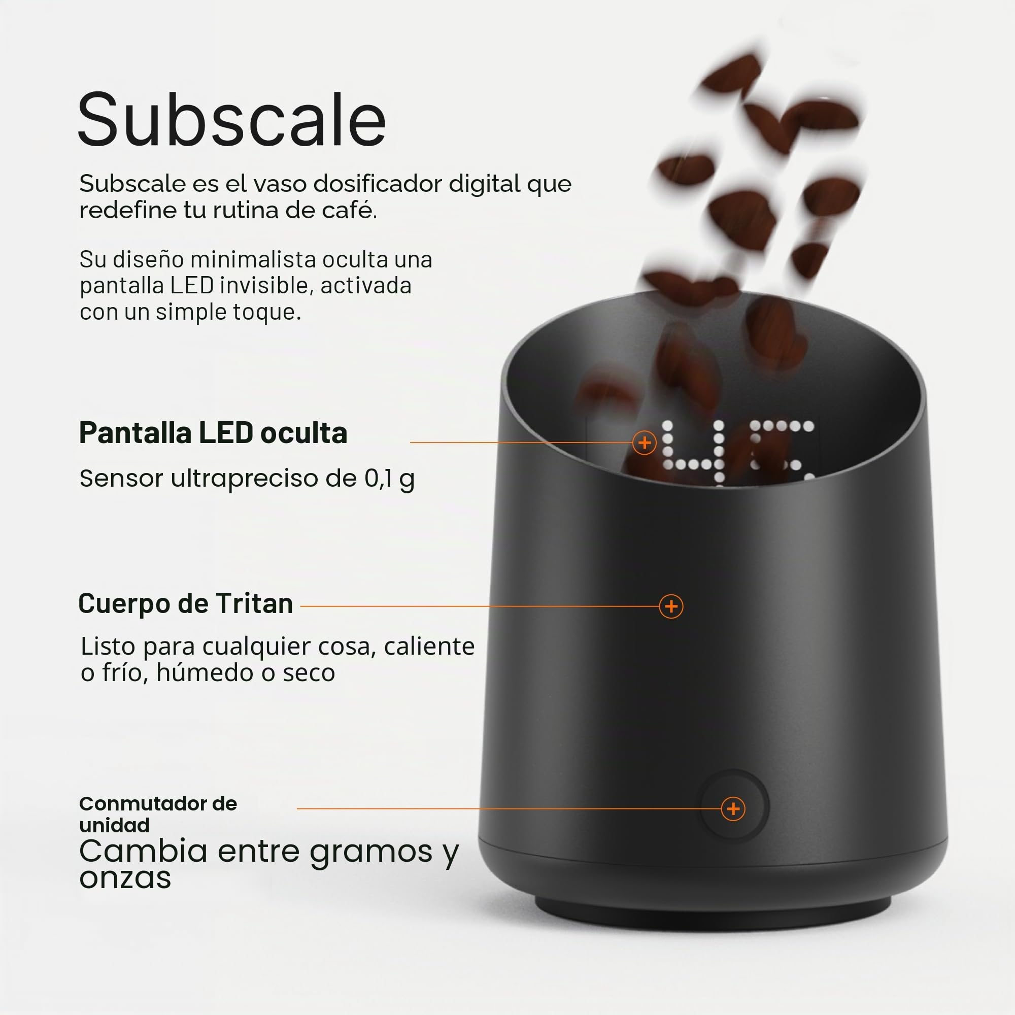 Subminimal Subscale| Taza dosificadora digital de café, pantalla LED invisible, activada por tacto, báscula de pesaje precisa de granos de café en gramos u onzas, recargable por USB-C, IPX4 resistente