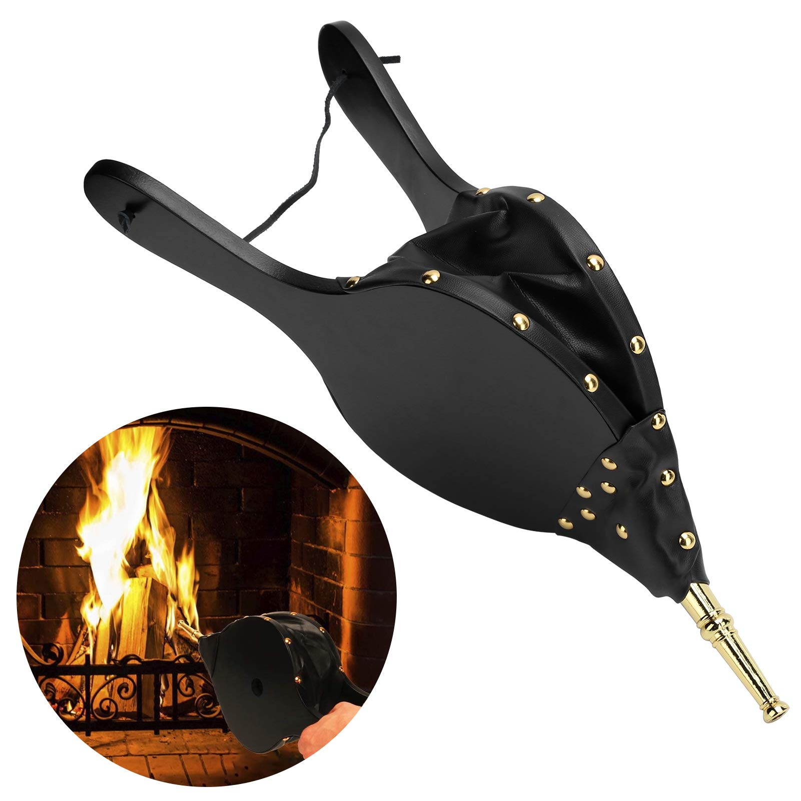 Alvinlite Blasebalg für Kamin und Grill, Blasebalg aus Holz mit Hängendem Gurt für Schornstein Holzkohle Camping Kochen(Gold)