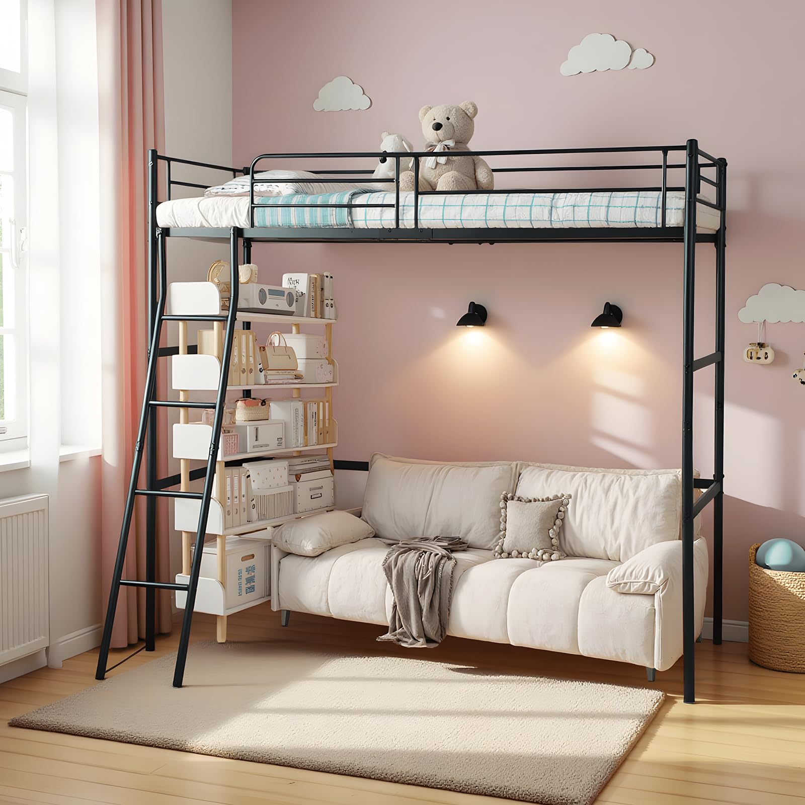 DORAFAIR Lit Mezzanine 1 Place Lit Superposé en Métal per Matelas de 90 x 200 CM avec Escalier pour Adultes et Enfants, Sécurité Garde-Corps et Espace Libre en Dessous, Noir