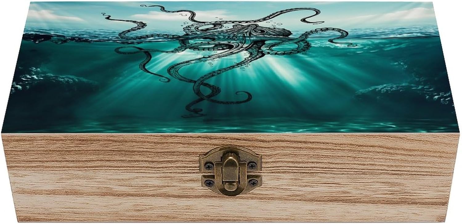 Detailed Octopus Wooden Storage Box 7.9×3.9×2.3 Inch with Hinged Lid - Vintage Natural Wood Keepsake Trinket Storage Organizer Gift Box for Crafts Art Hobbies And Home Decoration Gift
