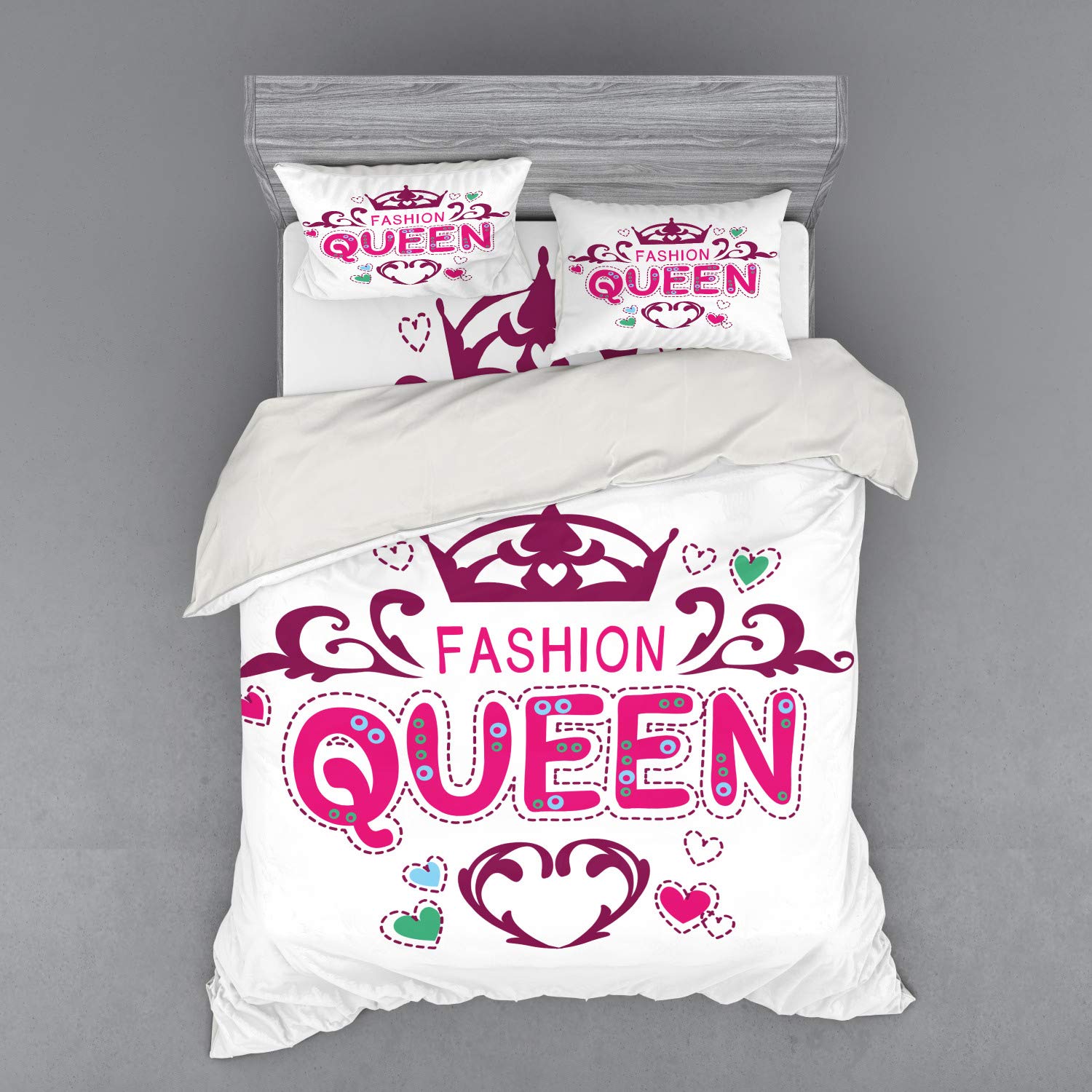 Ambesonne Queen Duvet Cover Set, Girlish Print Fashion Queen Lettering Floral Heart Shaped Ornaments