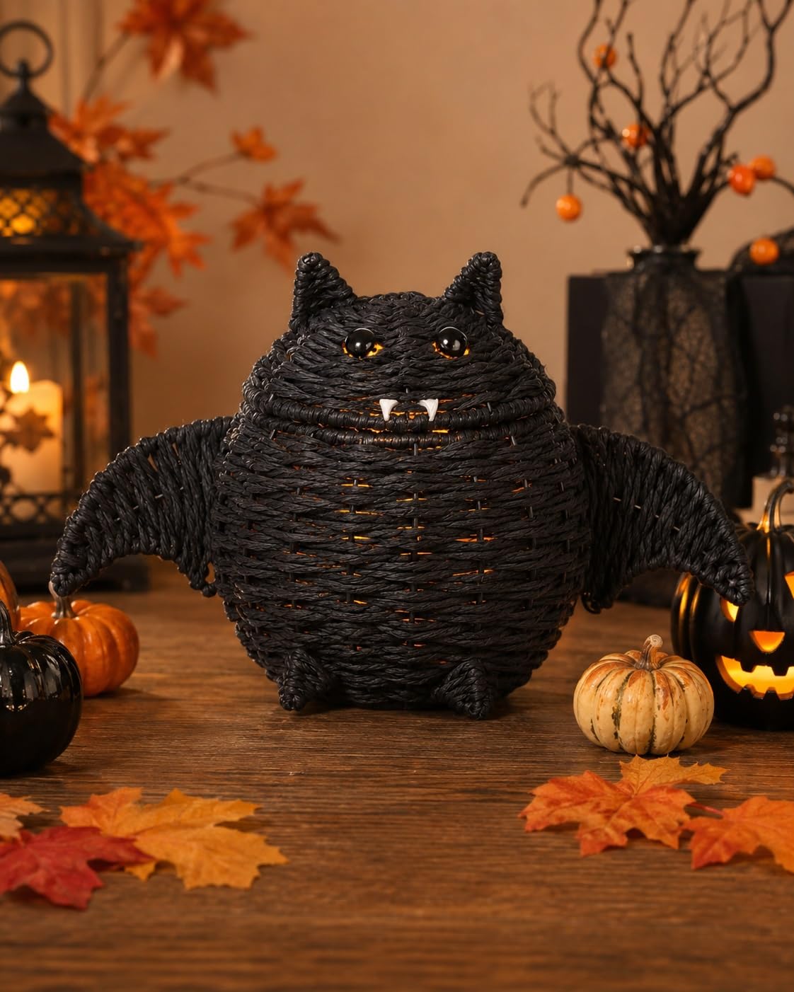 Halloween Woven Seagrass Pumpkin Lantern with Witch Hat Lid