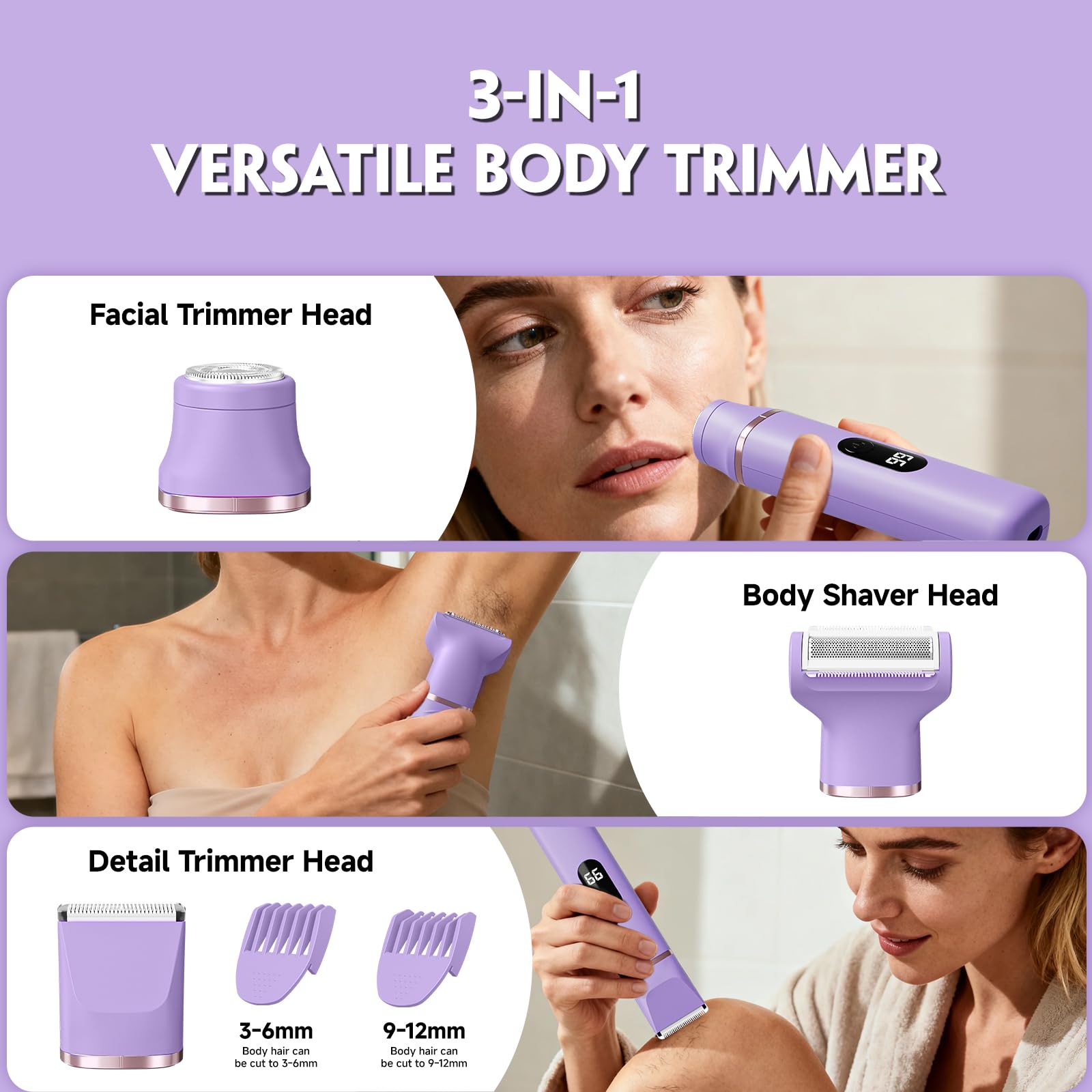 Rasoio elettrico indolore da donna, IPX7, impermeabile, senza fili, depilazione pubica, con dock di ricarica USB, per ascelle, gambe, braccia, corpo, viso, pelle setosa (lilla)