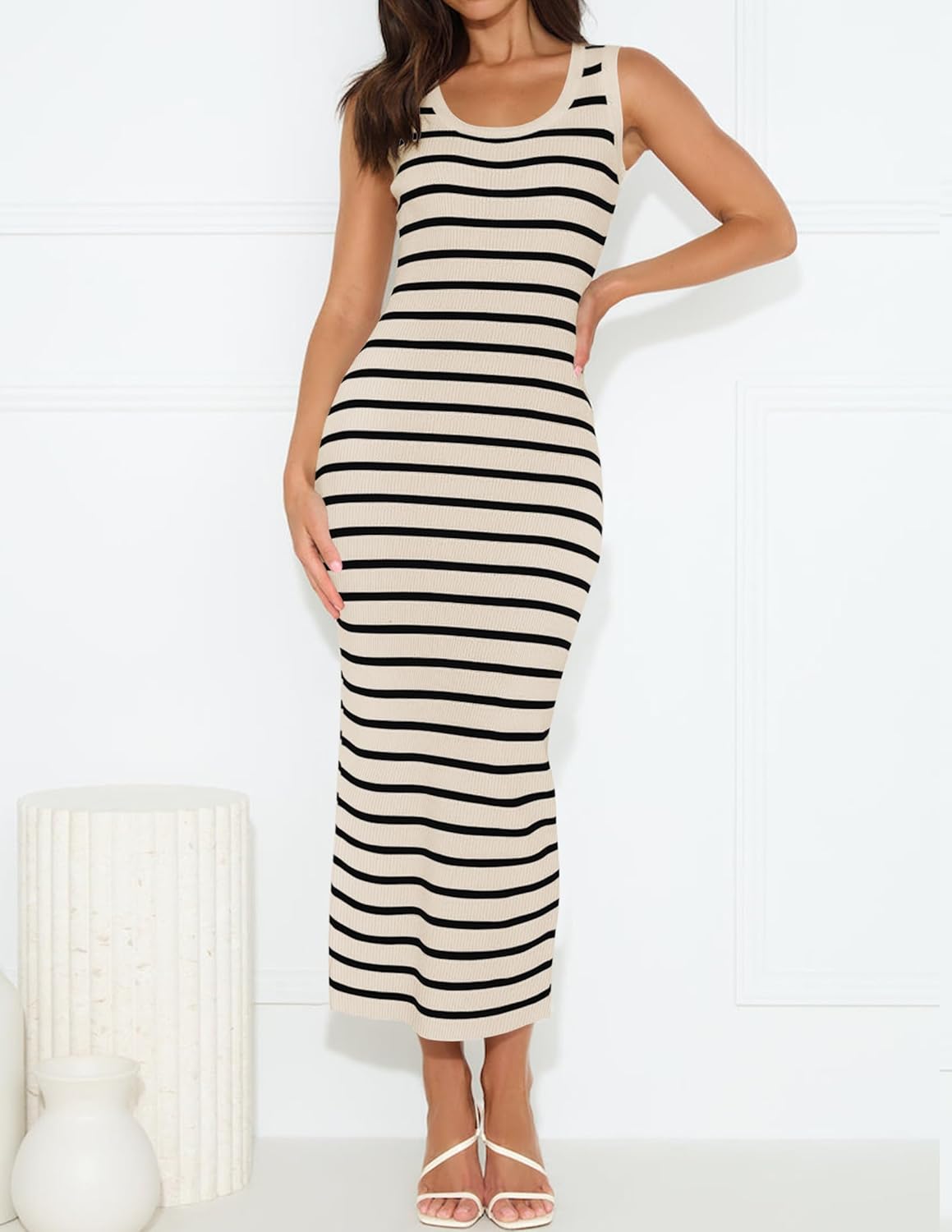 ZESICA Women's Summer Square Neck Bodycon Midi Dresses 2026 Casual Sleeveless Ribbed Knit Striped Beach Vacation Long Dress - Image 3