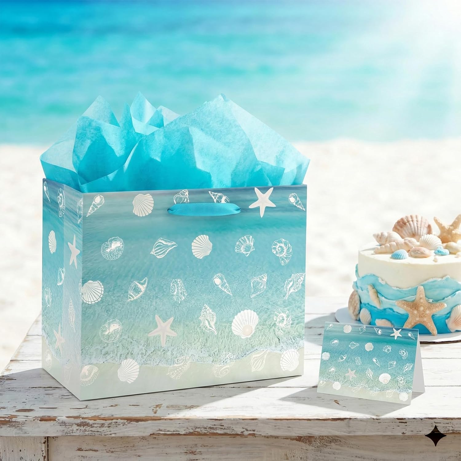 Beach Seashell Gift Bag Seashell Starfish Wrapping Paper Bag with Tissue Paper and Greeting Card Blue Beach Goodies Bags Hawaiian Themed Decor for Ocean Summer Birthday Wedding Baby Shower Supplies