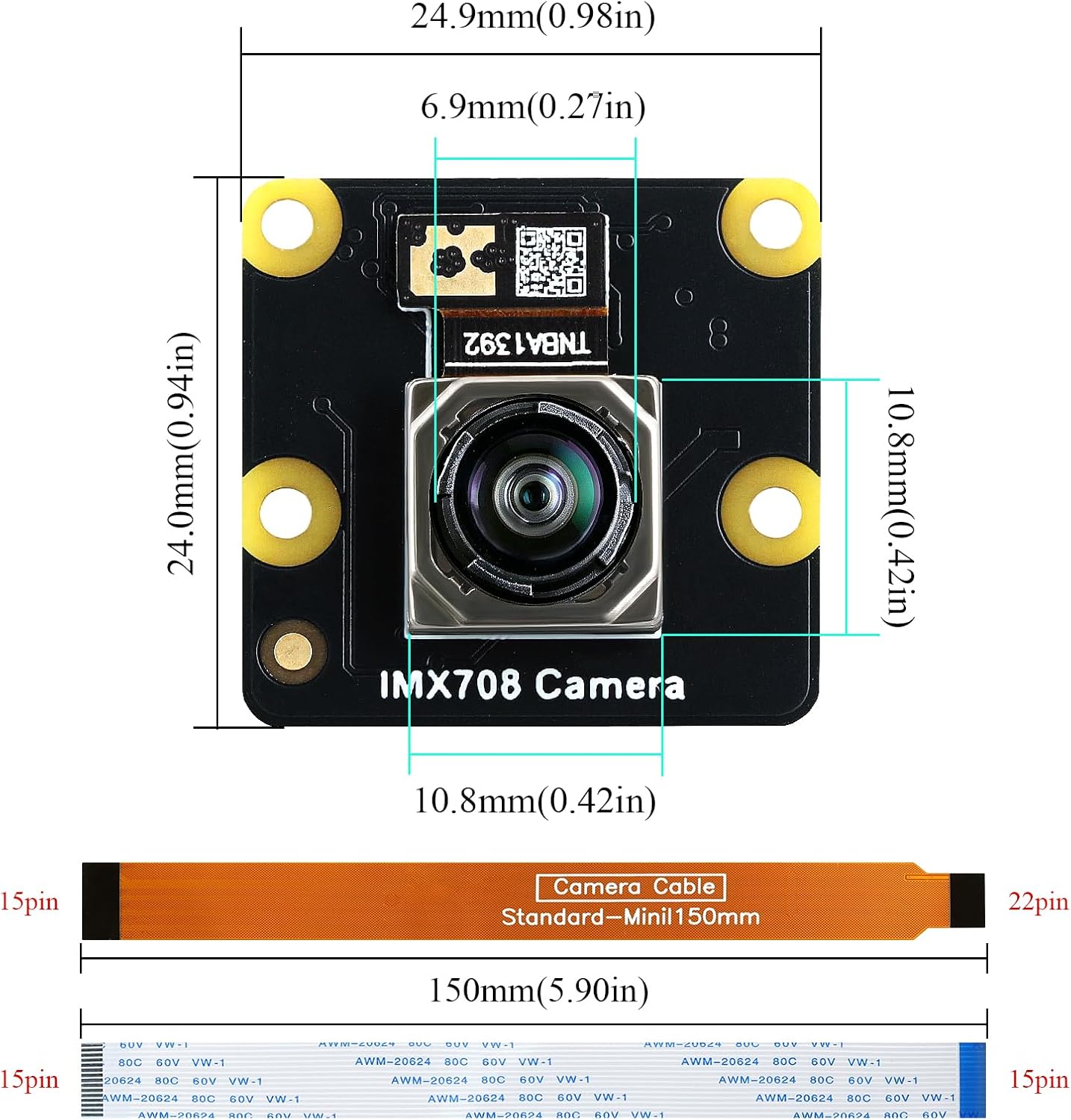 IMX708 12MP Camera Module, Night Vision Camera (Noir) 120° FOV Auto-Focus, High Dynamic Range (HDR) Includes 15-15pin, 15-22pin Cable Compatible with Raspberry Pi 5/4B+/3B+/3B/Zero