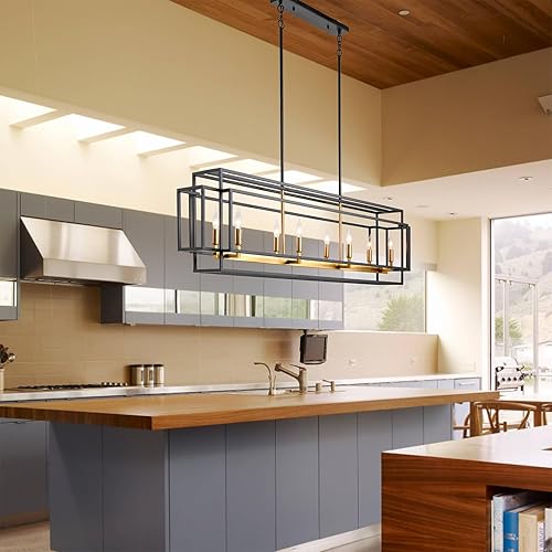 Miniatura 6 de WJShome Modern Farmhouse Dining Room Lighting Fixture, Gold 8 Light Kitchen Island Pendant Lighting, Industrial Linear Chandelier, Candle