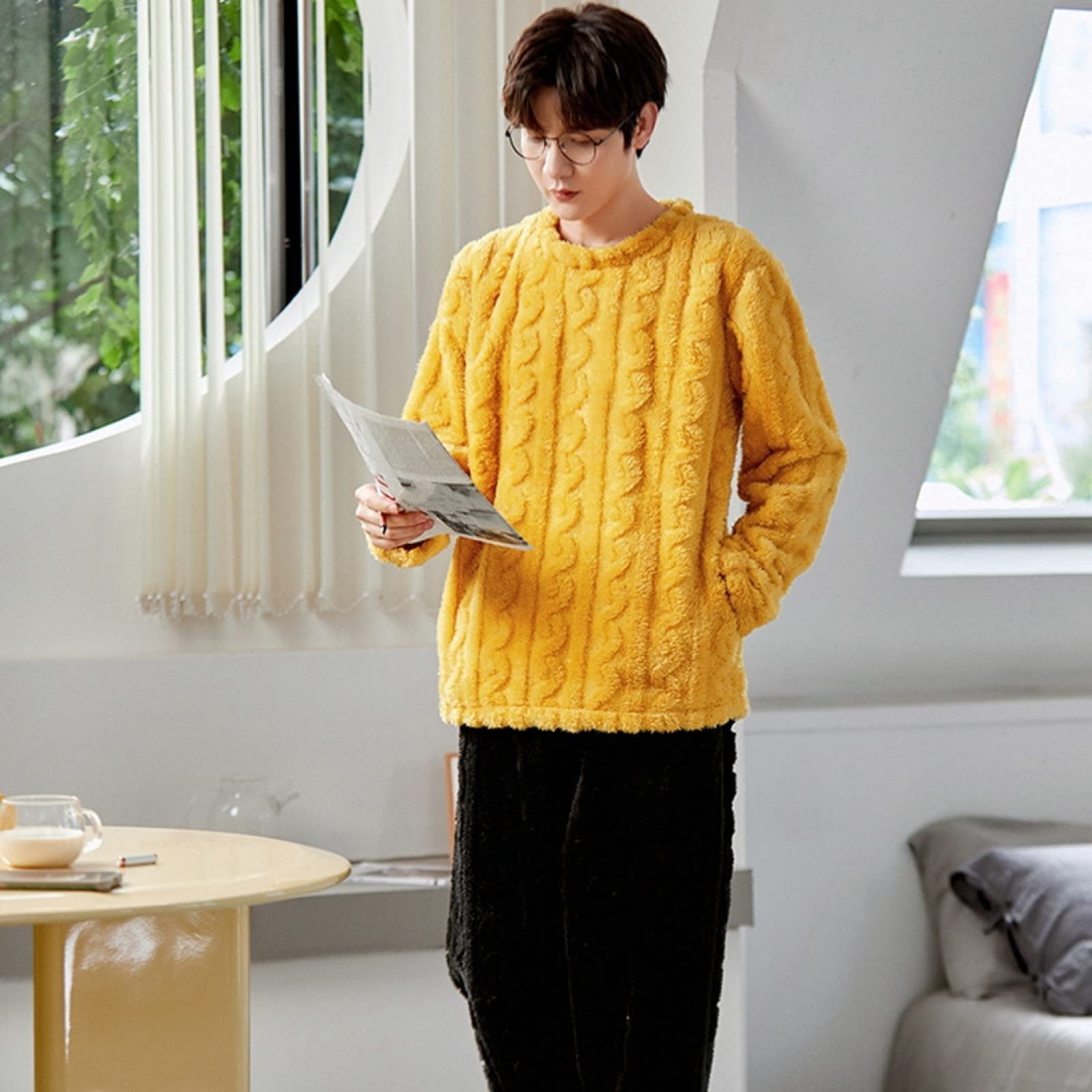 Pijamas De Hombre - Pijamas De Dos Piezas De Lana De Coral Para Hombres De Engrosamiento De Invierno Pijamas Cálidos Amantes Del Traje Moda Cuello Redondo Amarillo Top De Manga Larga + Pantalones
