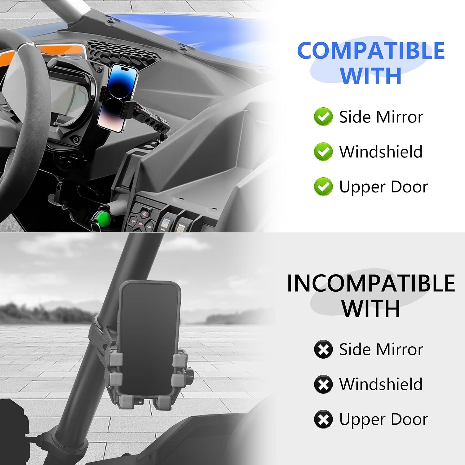 X3 Phone Mount UTV Cell Phone Holder Compatible with Can-Am Maverick X3 and MAX Models CNC Aluminum, One-Hand Operation 360° Adjustable Car Phone Holder, Black