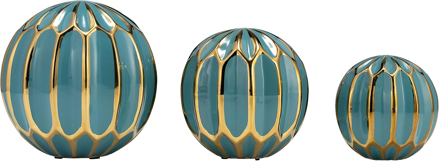 装飾オーブ3個セット - 現代的なターコイズとゴールドの丸いオーブの装飾 - セラミックホームまたはオフィスのテーブルデコレーション