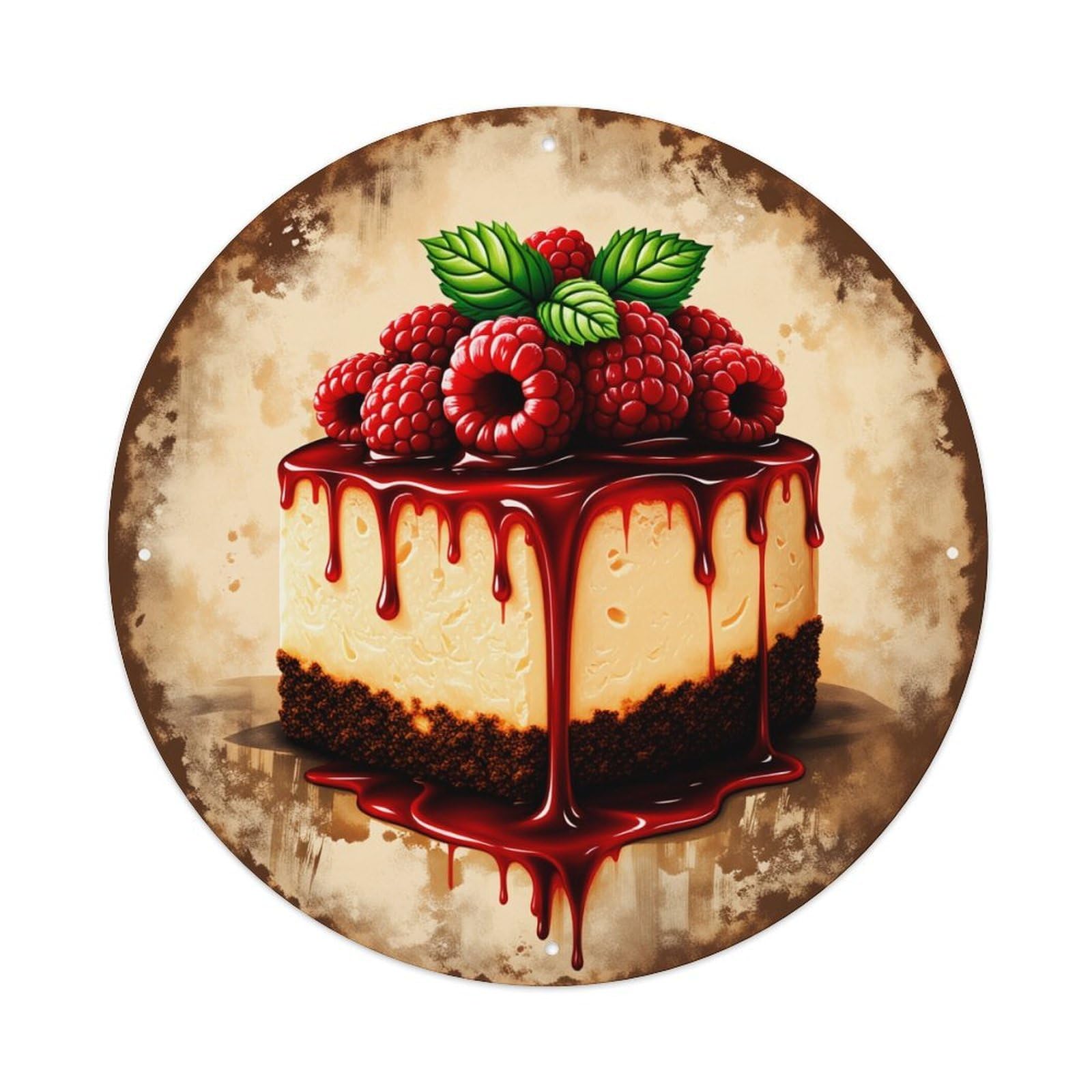 Raspberry Cheesecake With Chocolate Drizzle And Green Leaves Round Vintage Tin Sign,Retro Wall Art,Metal Poster for Home, Bar, Garage, Cafe, Rustic Indoor & Outdoor Decor, 8x8 Inches